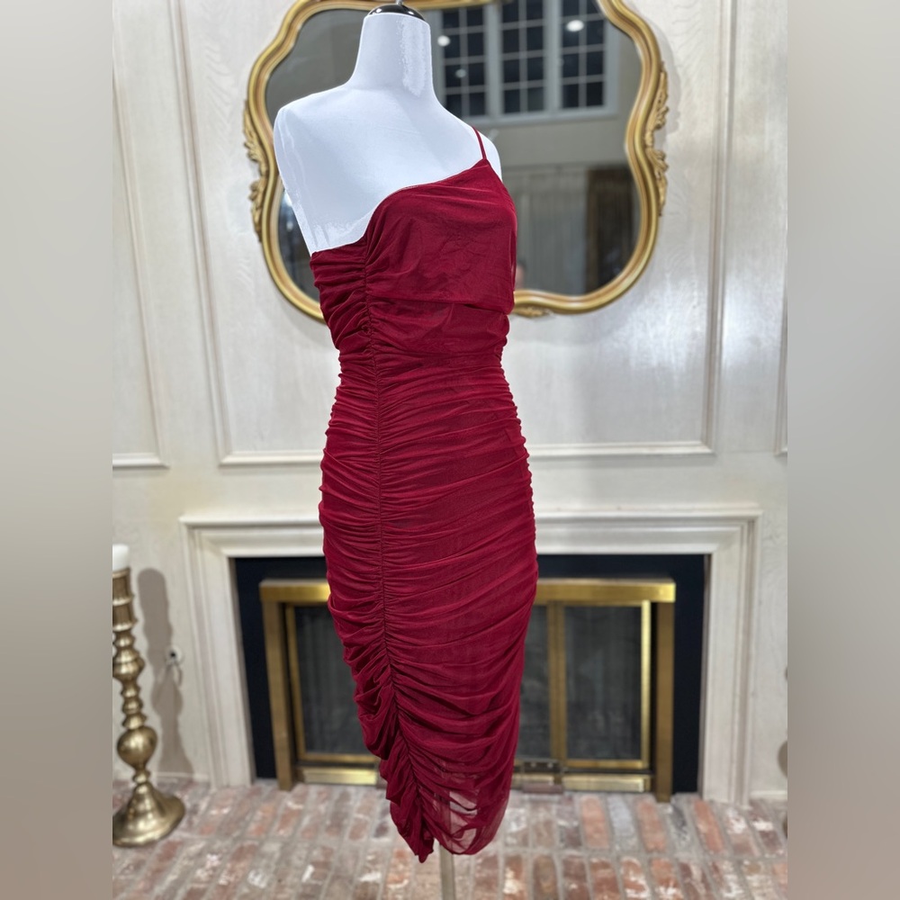 Gianni Bini Red Ruched Mesh One Shoulder Bodycon Dress XL Asymmetrical Cocktail - Picture 7 of 10